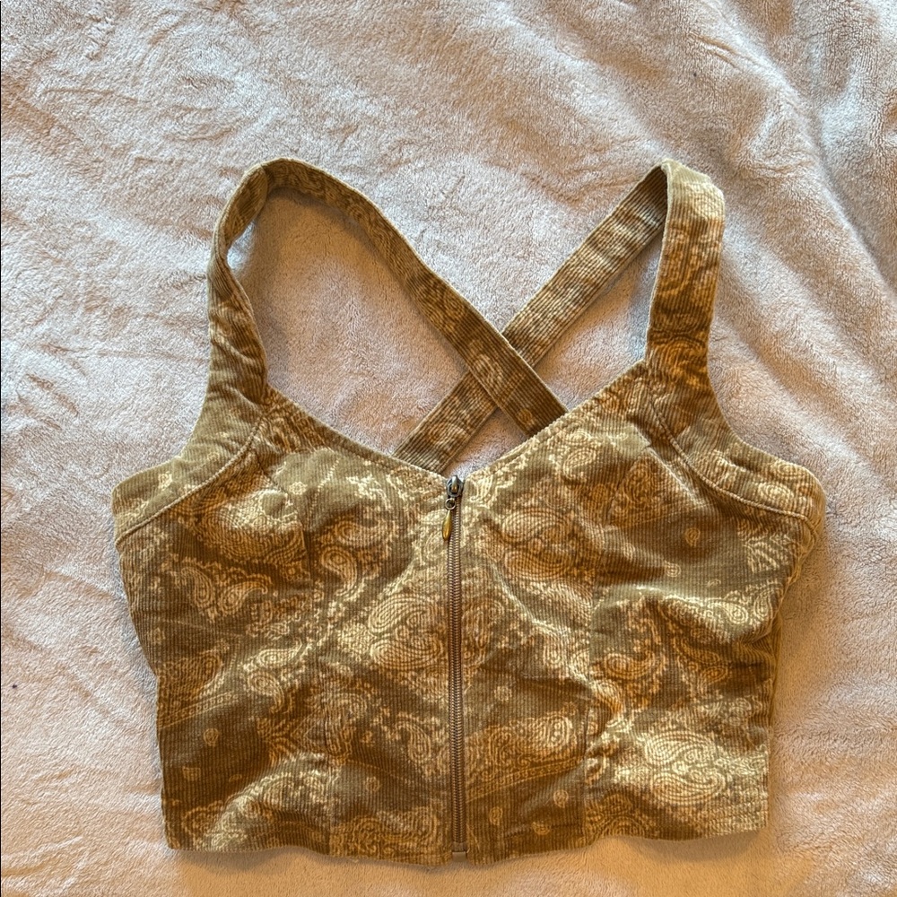 Paisley Print Corduroy Zip-Up Western Crop Top